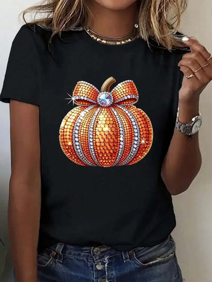 Dame T-shirt med stilfuldt græskar-motiv og spændende dyreprint Skovae