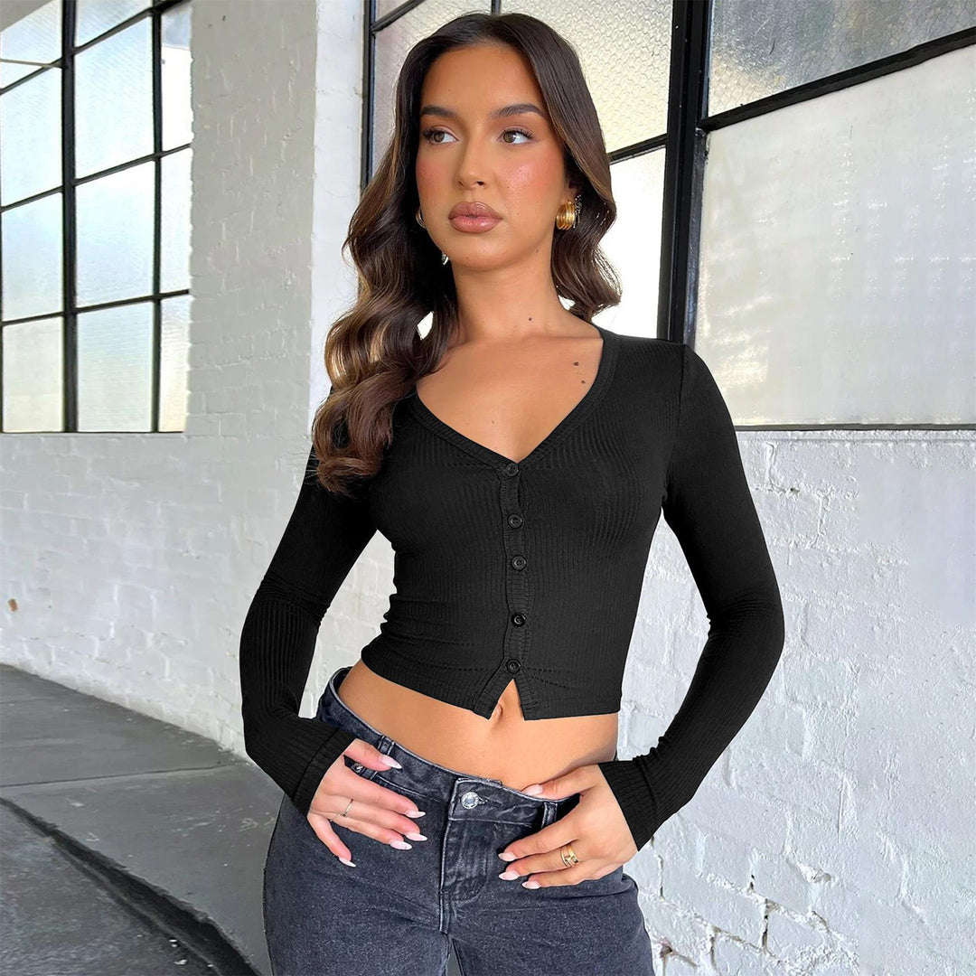 Dame cropped rib-top med knaplukning og dyb V-hals Stilla