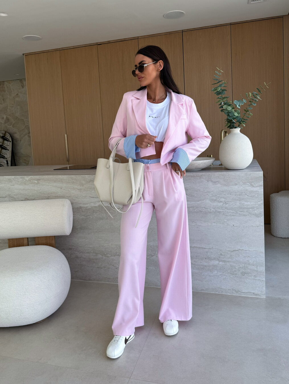 Dame cropped blazer og bred bukser sæt Stilla