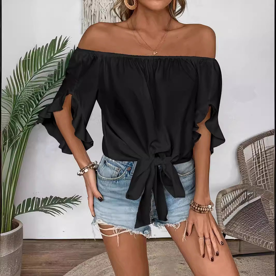 Dame off-shoulder bluse med flæsedetaljer og taljebinding Skovae