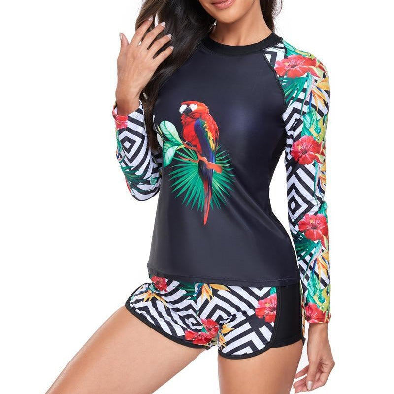 Dame Sportslig Langærmet Rashguard med blomsterdesign og Shorts Stilla