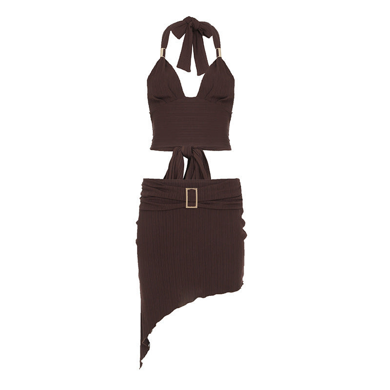 Dame sæt af crop-top og asymmetrisk nederdel med flæser-Skovae