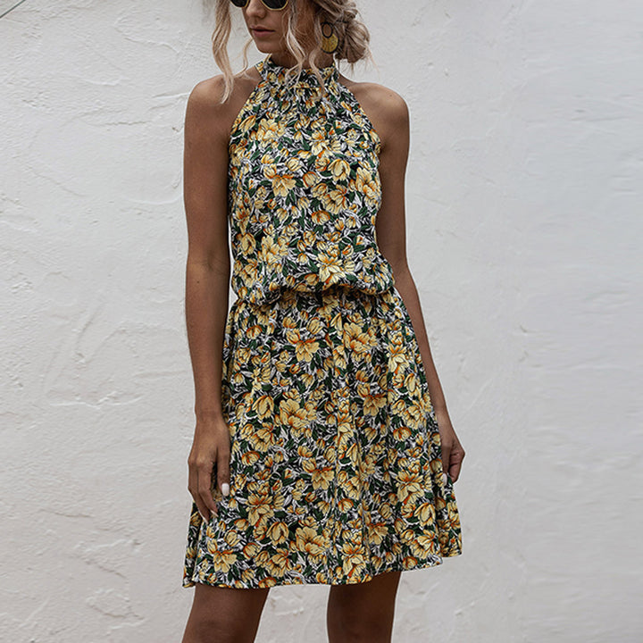Dame Halter Neck Floral Mini Kjole med rynket Talje Stilla