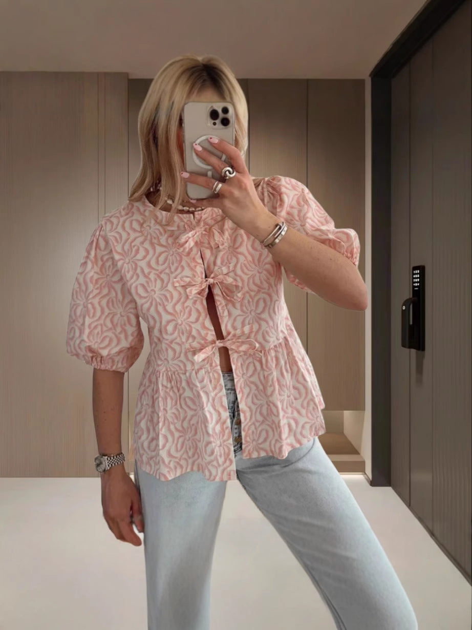 Dame kortærmet bluse i mode leopardprint med binde-detalje Stilla