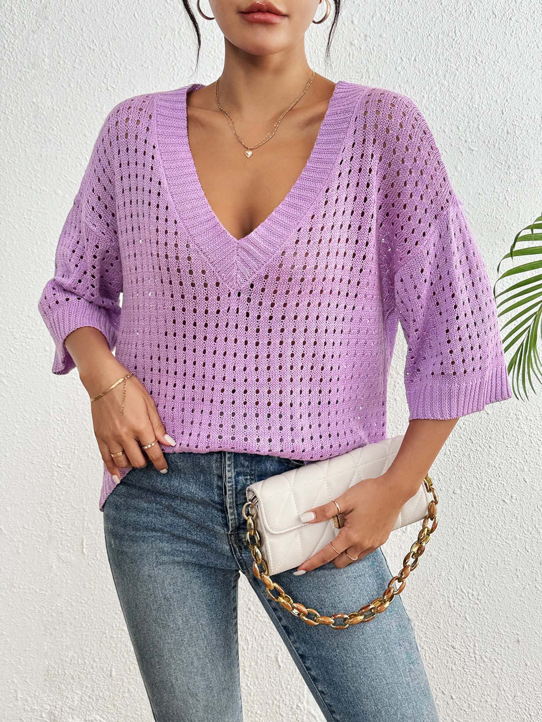 Dame luftig strikket pullover med V-hals og åben maskestruktur Stilla