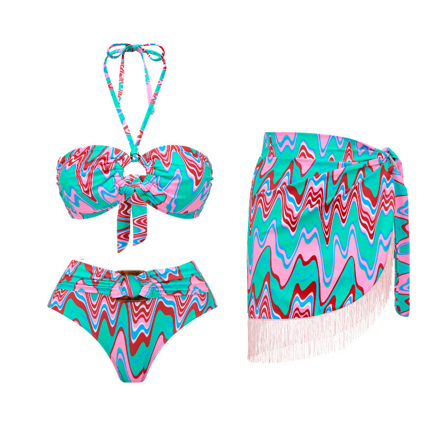 Dame Bikini-sæt med trendy binde mønster og asymmetrisk overkjole Stilla