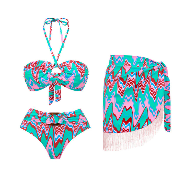 Dame Bikini-sæt med trendy binde mønster og asymmetrisk overkjole Stilla