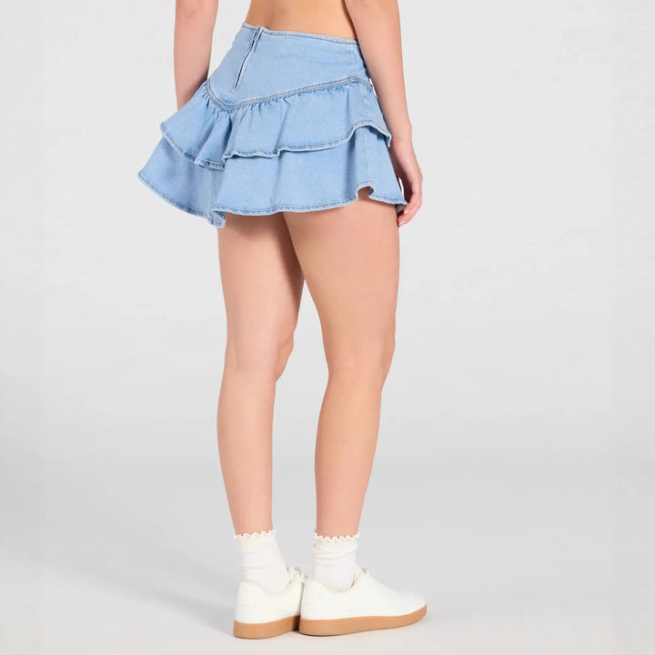 Dame jeans nederdel med voluminøse flæser og en figurvenlig pasform