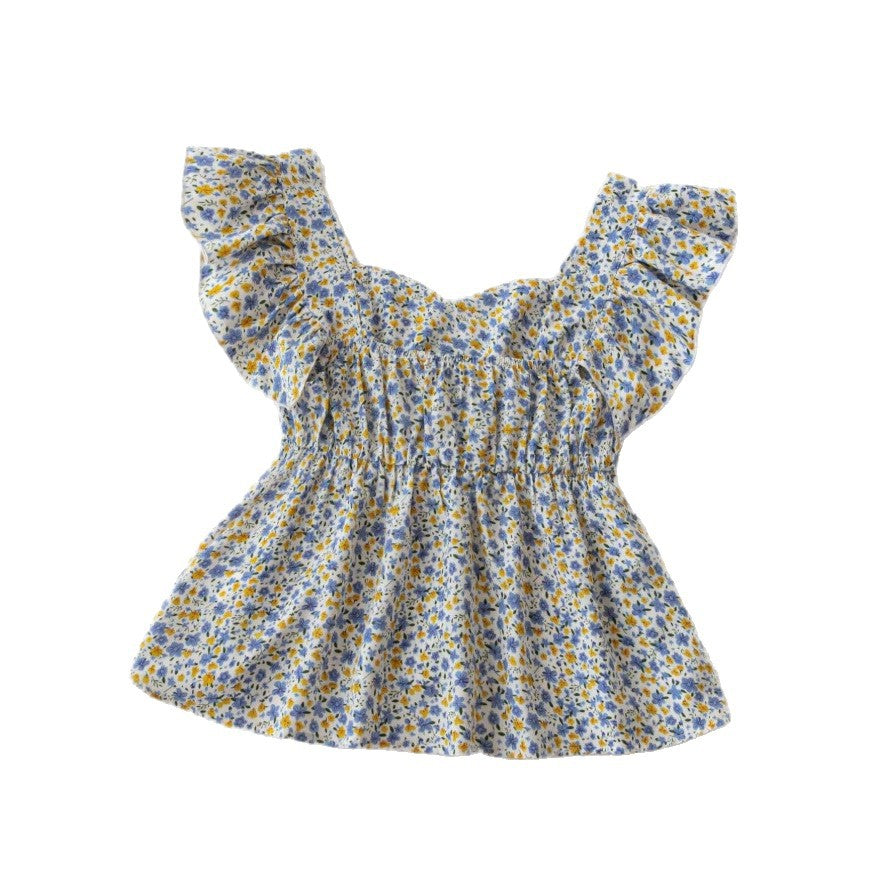 Dame blomsterbluse med flæse-detaljer og flydende snit Skovae