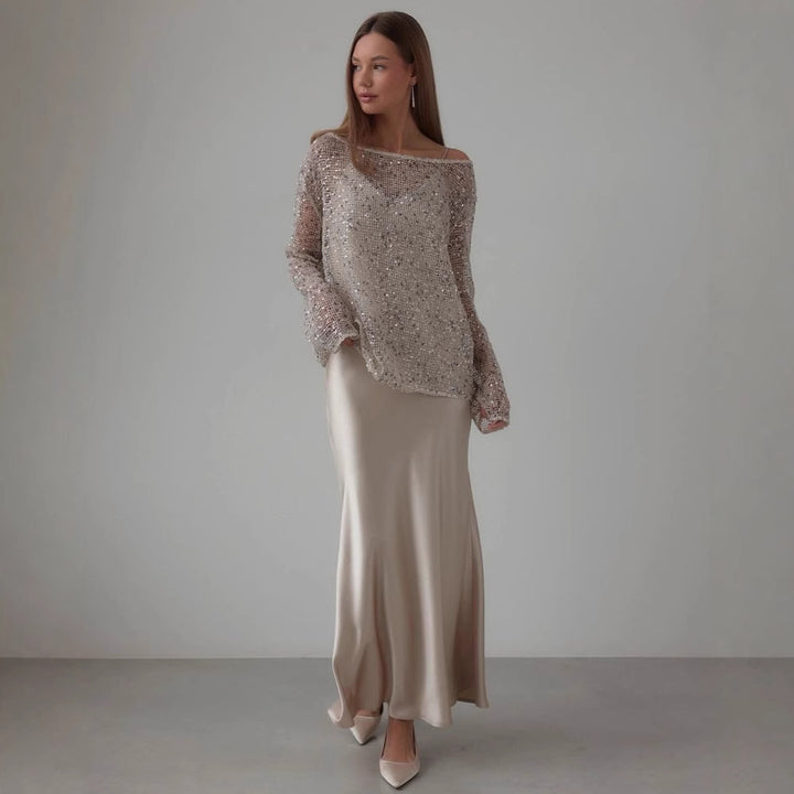 Dame Funklende Aftenbluse med asymmetrisk Snit Stilla