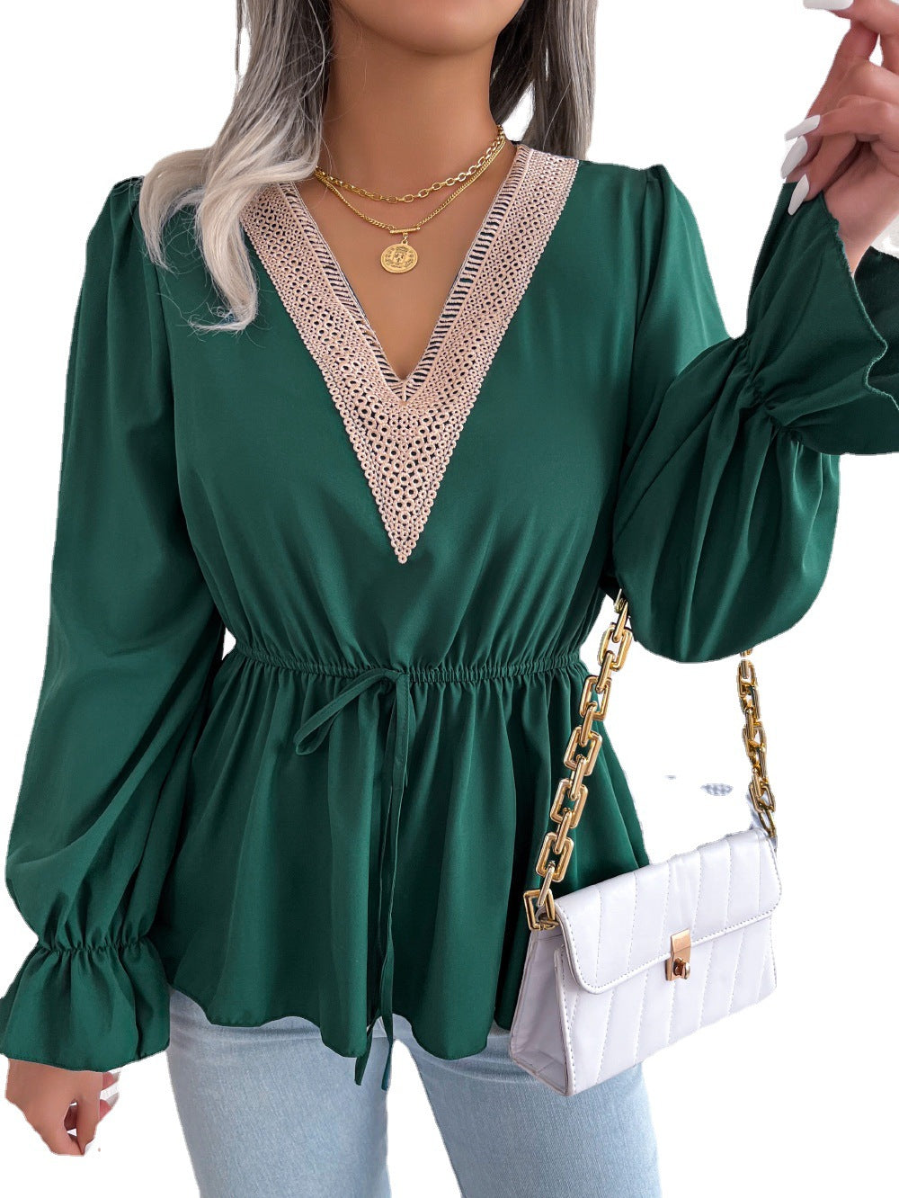 Dame Elegant Bluse med V-hals og flæse detaljer Stilla