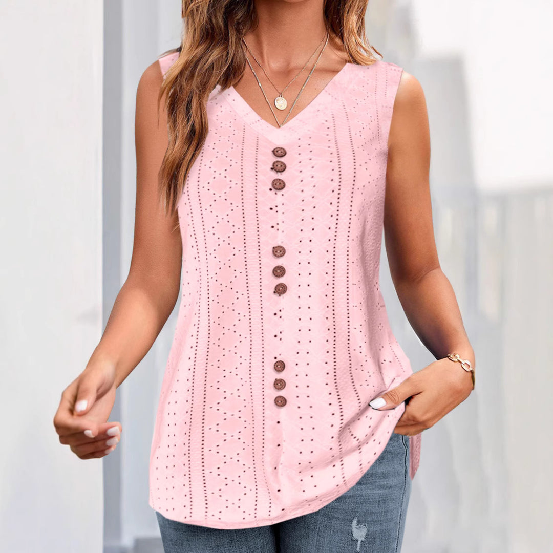 Damer V-hals bluse top med knapliste og filigran hulmønster Stilla