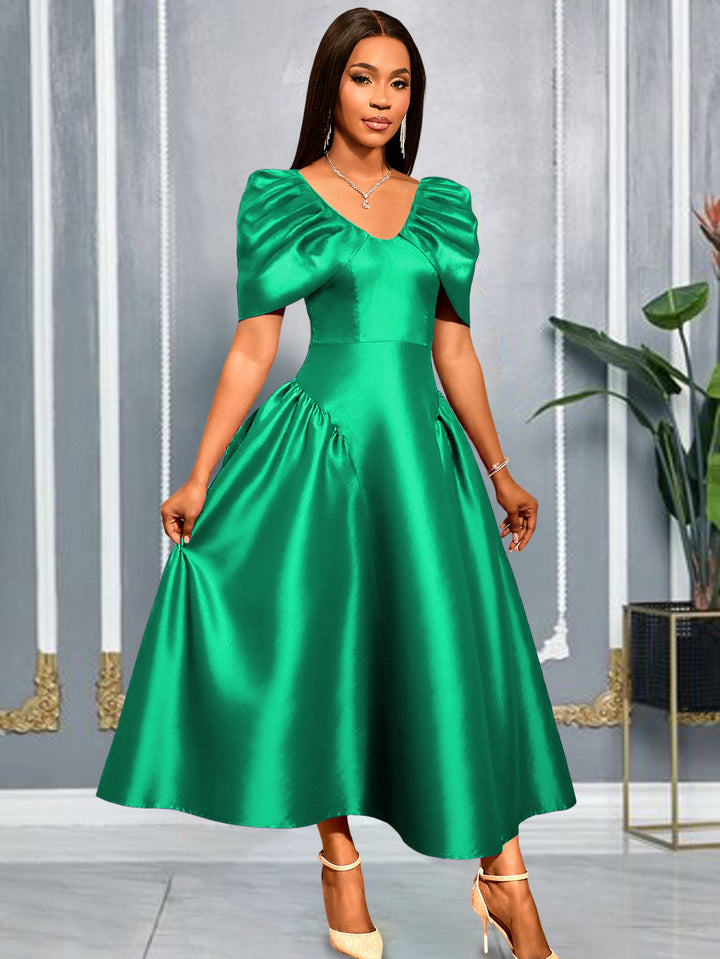 Damer Elegant Satin Aftenkjole med voluminøse Puffærmer Skovae