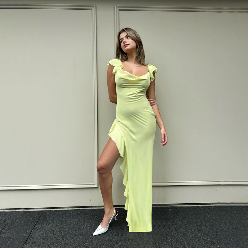 Dame Elegant Maxi-Kjole med asymmetrisk kant og flæsedetaljer Skovae