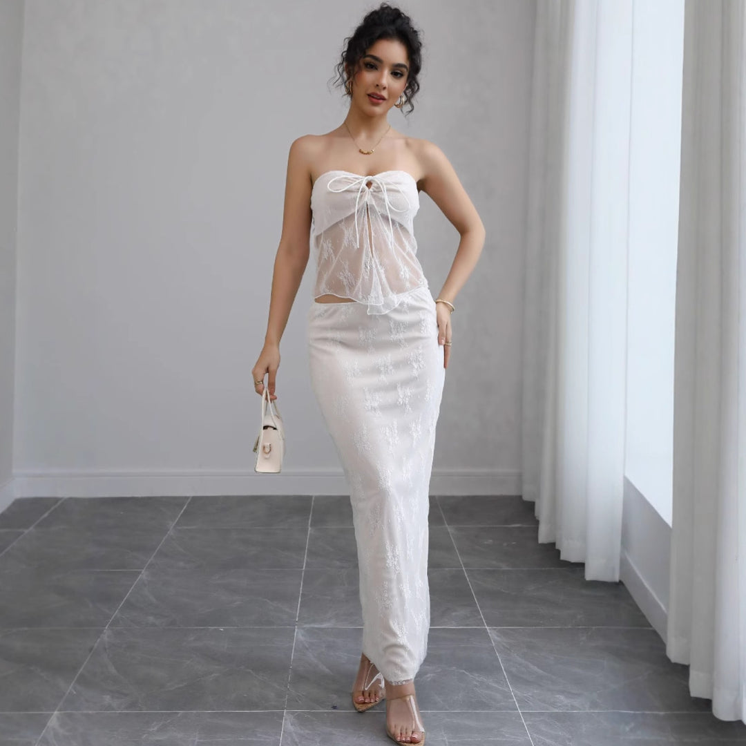 Kvinders Off-Shoulder Maxi Kjole med Fint Blonde og Elegant Taljebånd