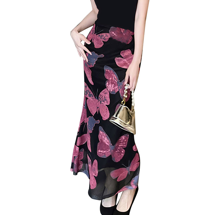 Damer Elegant Maxi Kjole med Blomster Sommerfuglemønstre og Transparent Nederste Kant