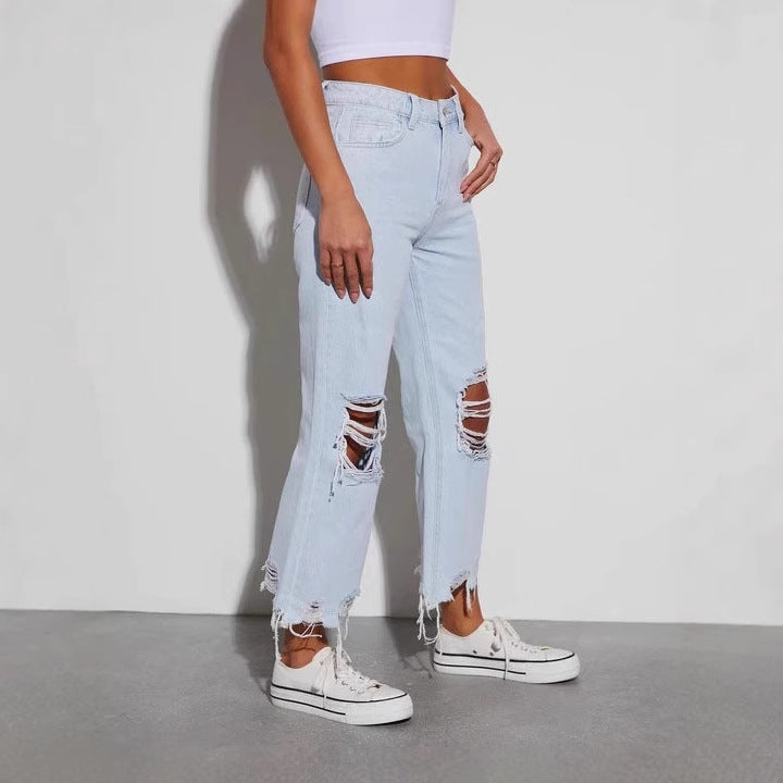 Dame løse boyfriend jeans med imponerende slidte detaljer og brede ben Skovae