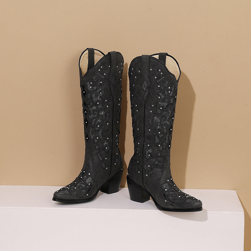 Femme Dekoreret Western Stiletto Knælange Støvler Stilla