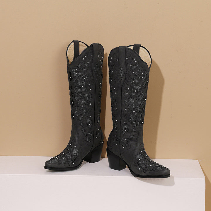 Femme Dekoreret Western Stiletto Knælange Støvler Stilla