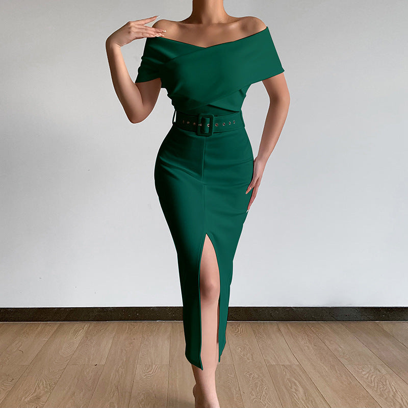 Dame Off-Shoulder Bodycon Midi Kjole med Bælte Stilla