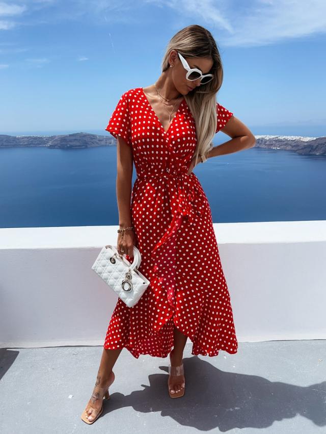 Dame Flydende Polka Dot V-låg Maxi Kjole Stilla