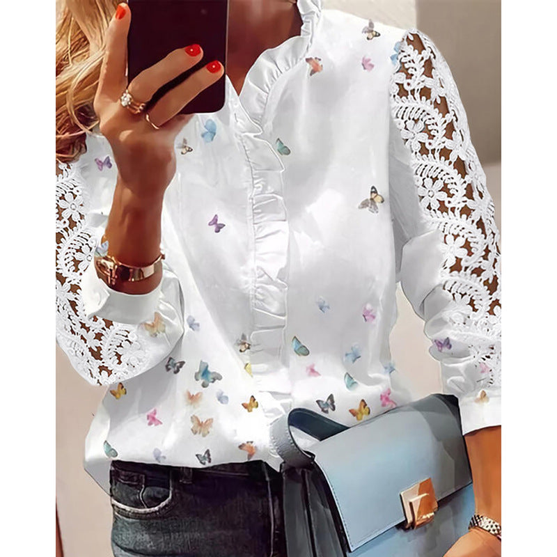 Dame elegant bluse med spidsærmer og sommerfugledetalje Stilla