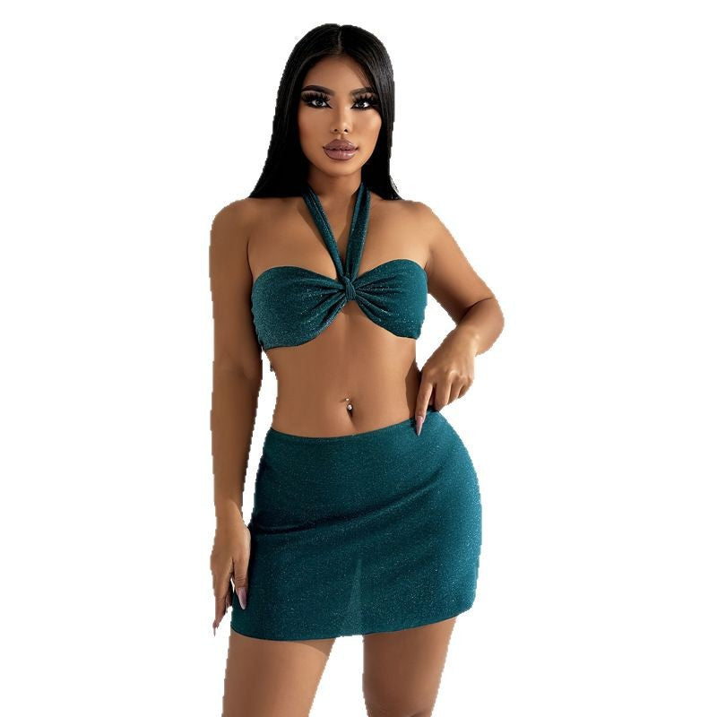 Dame Glitter Halter Bikini Top og Mini Wrap Skirt Sæt Stilla