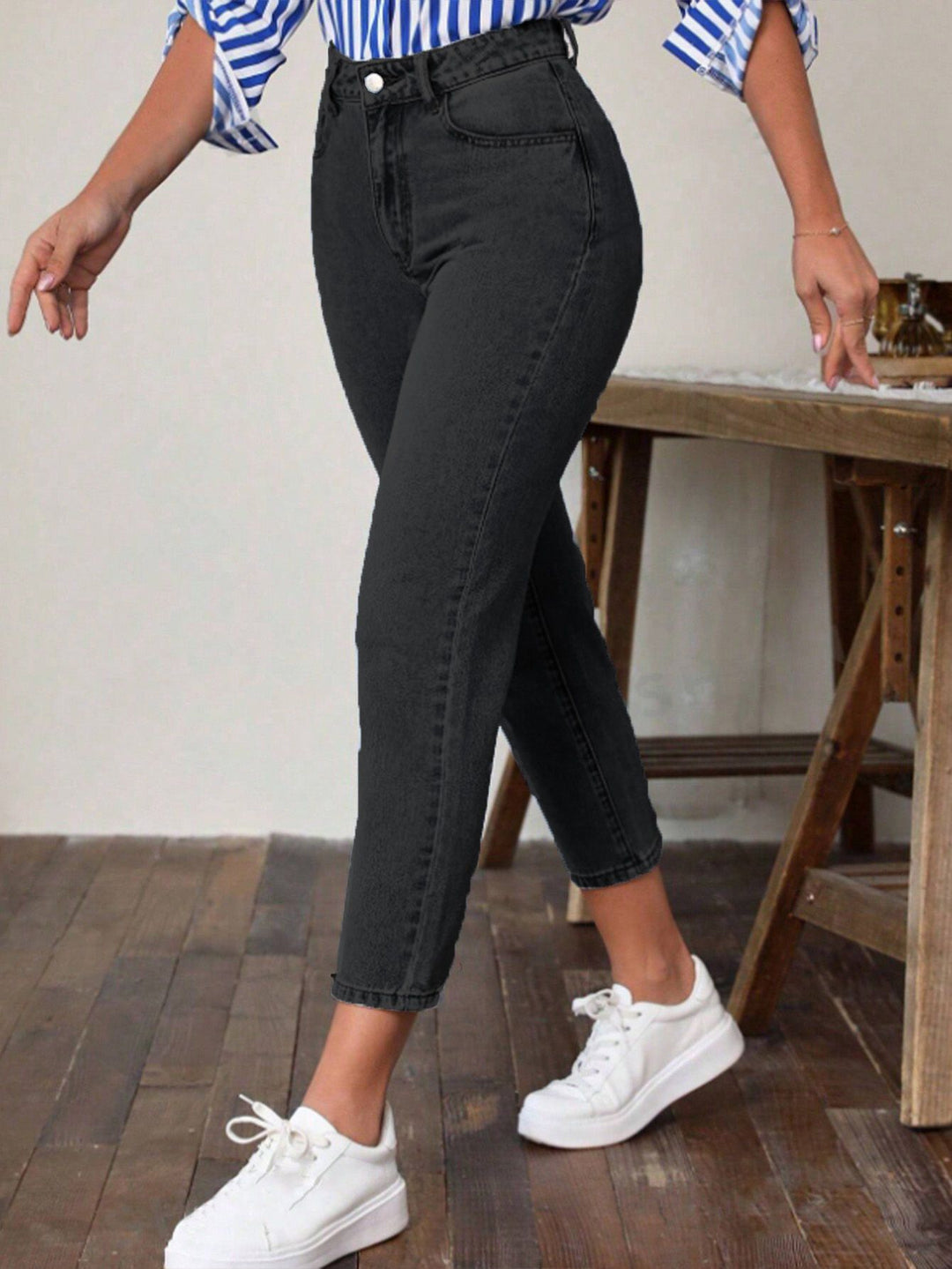 Dame High Waist Jeans i vintage-stil med smalt ben og elastisk talje Stilla