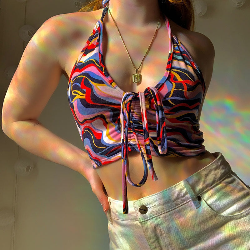 Dame Crop-Bikini-top med snøring og farverigt design Skovae