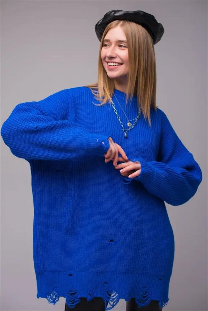 Dame Oversized Strikbluse med unikt hulmønster og ribstruktur Stilla