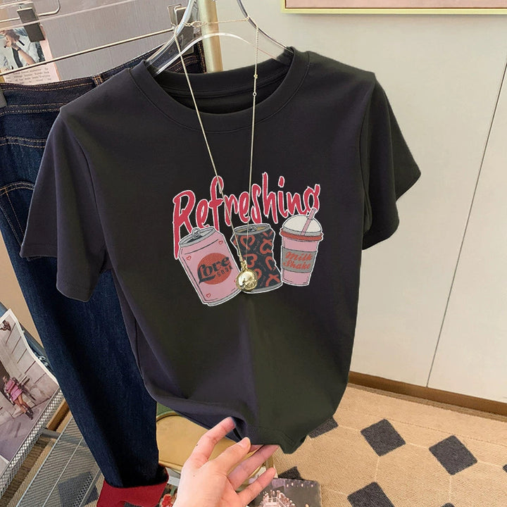 Dame T-shirt med kreativ drikmotiv og afslappet snit Stilla