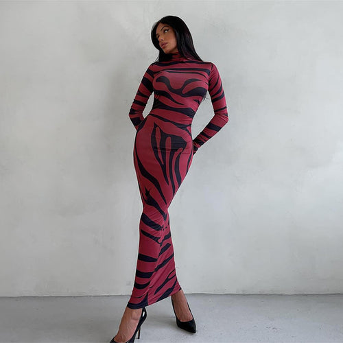 Dame Elegant gennemsigtig Maxikjole med leopardmotiv og lange ærmer Skovae