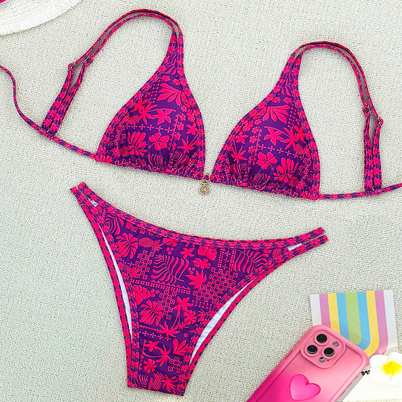 Dame Triangel-bikini-sæt med skinnende blomsterdesign og justerbare stropper Skovae