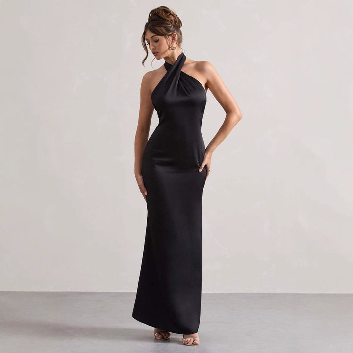 Dame Elegant aftenkjole med asymmetrisk halterneck og figursyet snit Stilla