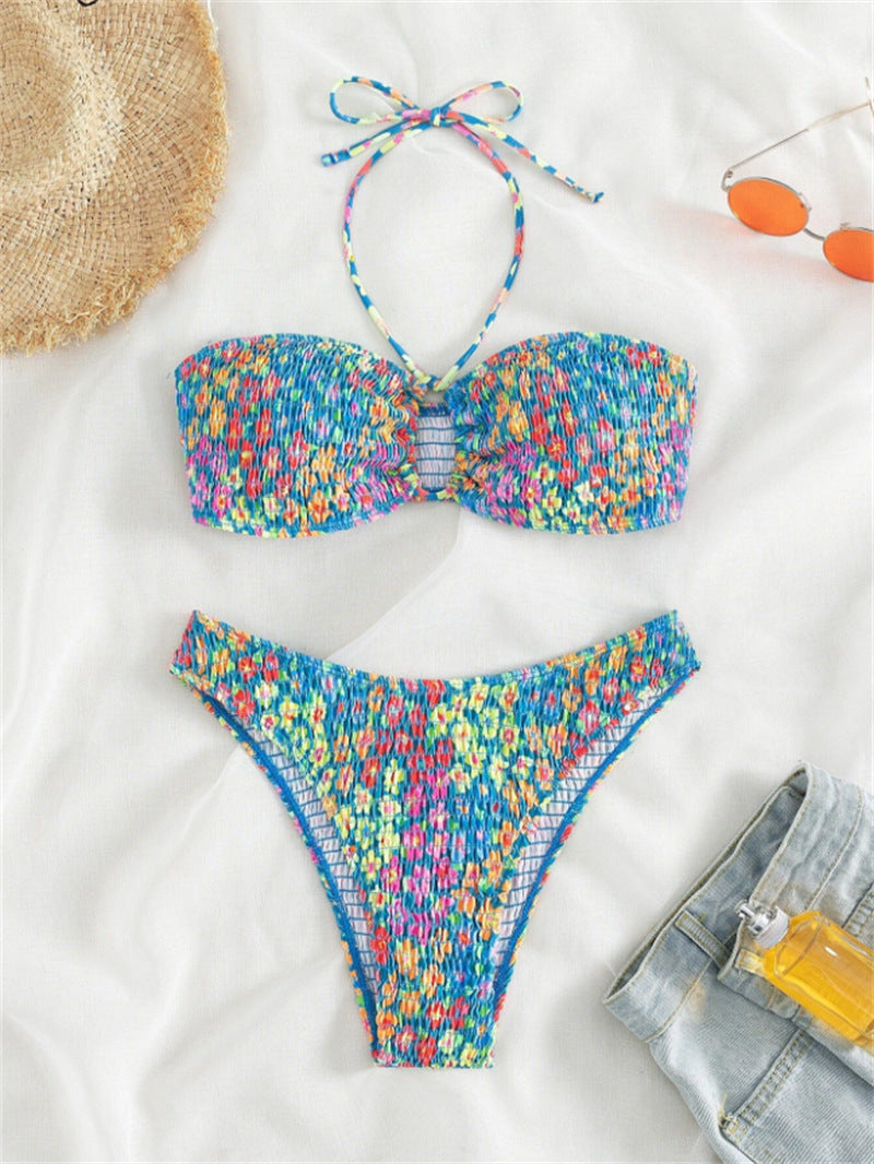Dame Strapless Smocked Bikini Sæt med justerbare Bindebånd Stilla