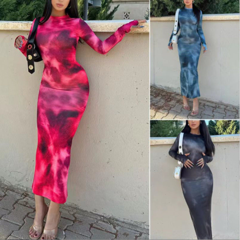 Dame Bodycon Langærmet Midi Kjole med Kunstnerisk Tryk Stilla