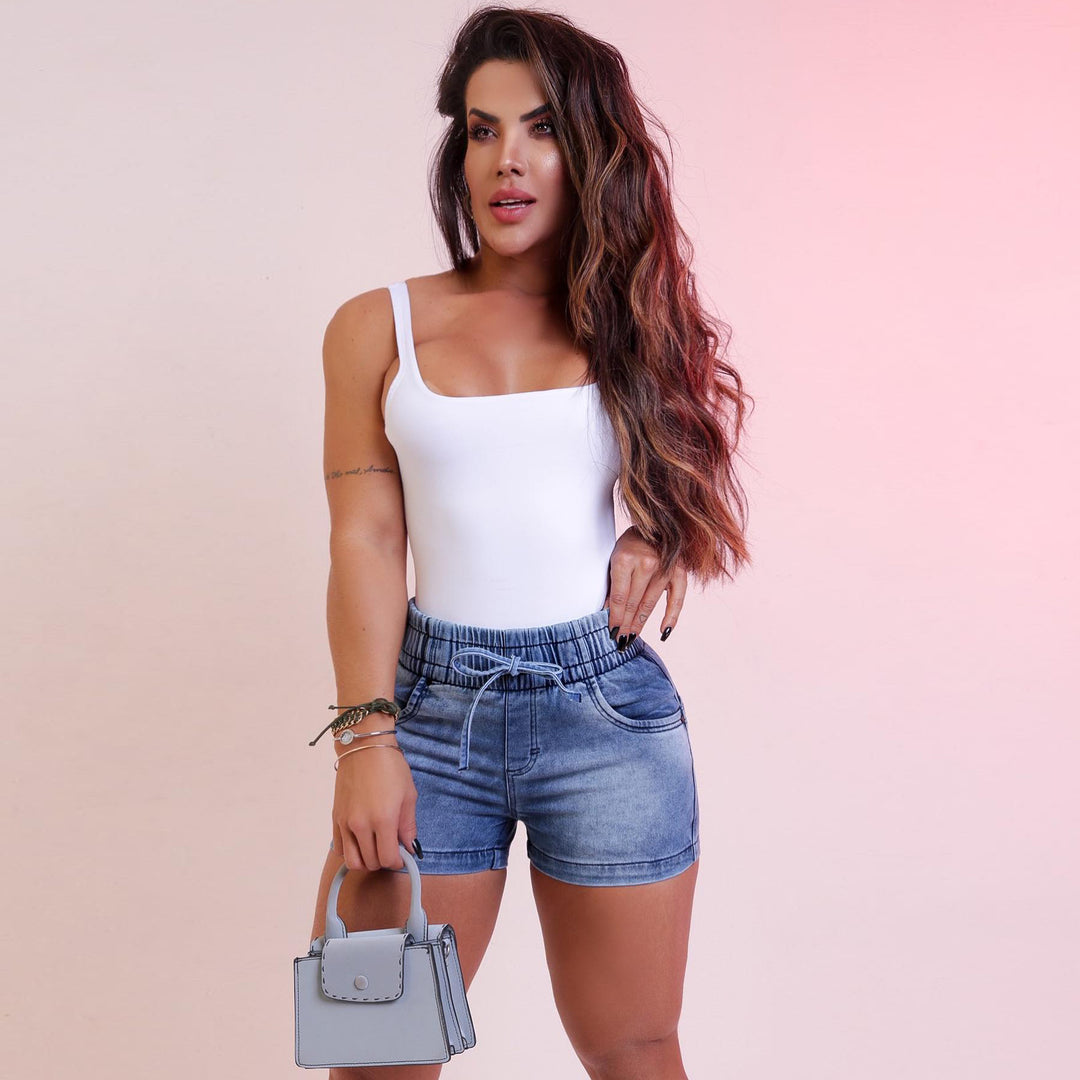 Dame behagelige denimshorts med elastisk talje og sidelommer Stilla