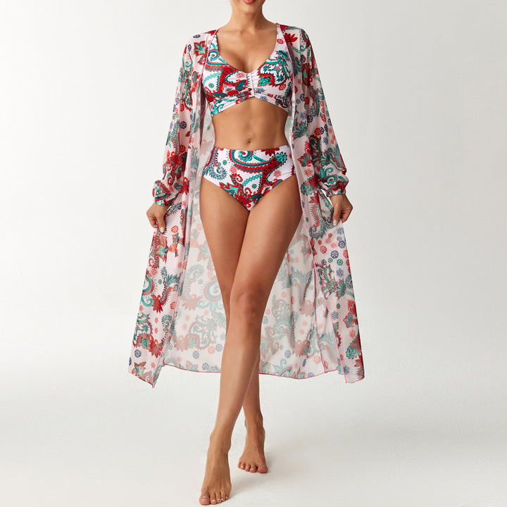 Dame bikinisæt med farverigt design og gennemsigtig strandindpakning Skovae