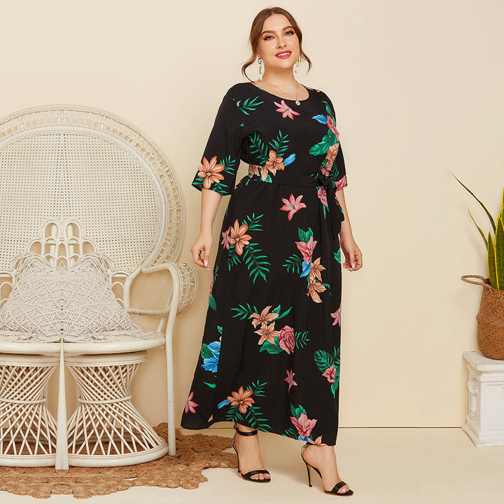 Dame Maxikjole med blomstret design og taljebælte Stilla