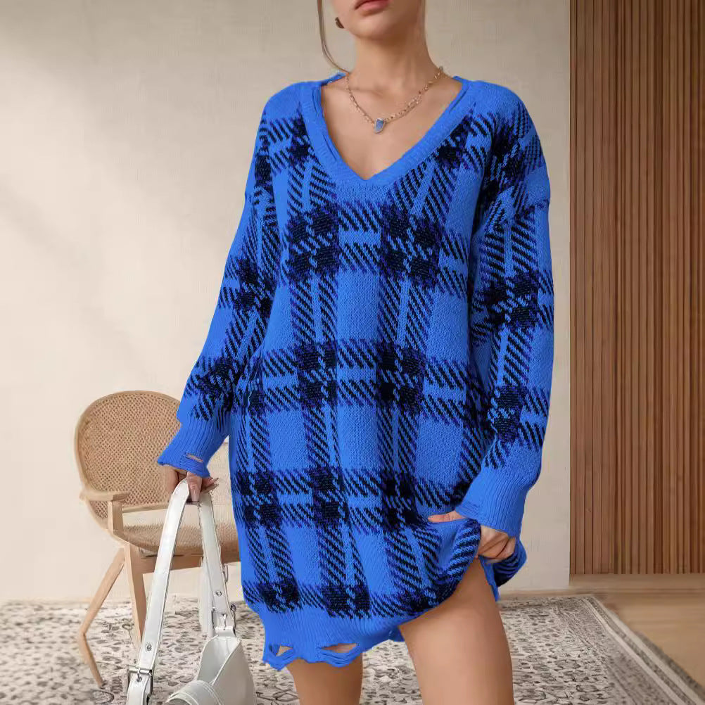 Kvinder Oversized V-hals Sweater med Tjekket Mønster Stilla