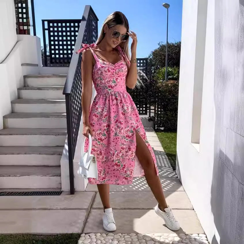 Dame Floral Print Høj-Splitter Midi Kjole Stilla