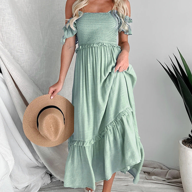 Dame lagdeling Smocked Maxi Kjole med Ruffle Detaljer Stilla