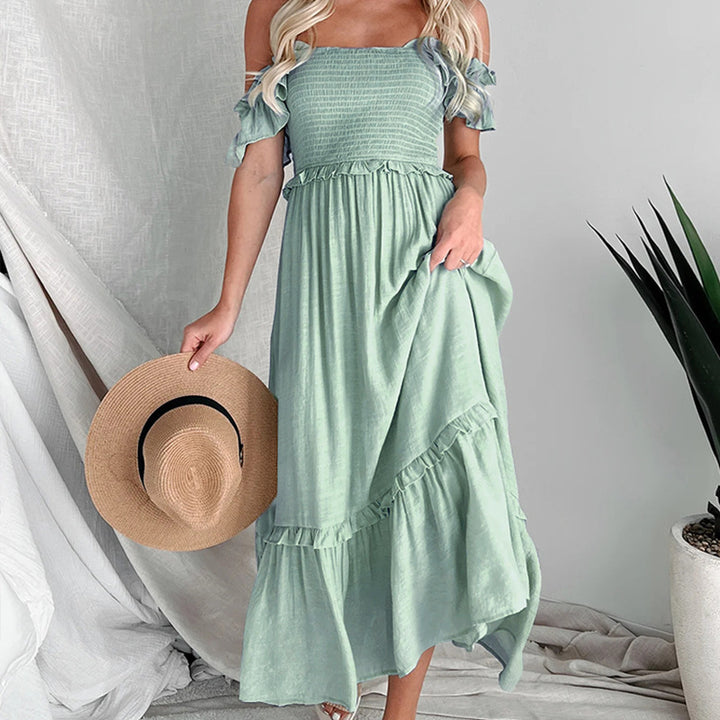 Dame lagdeling Smocked Maxi Kjole med Ruffle Detaljer Stilla