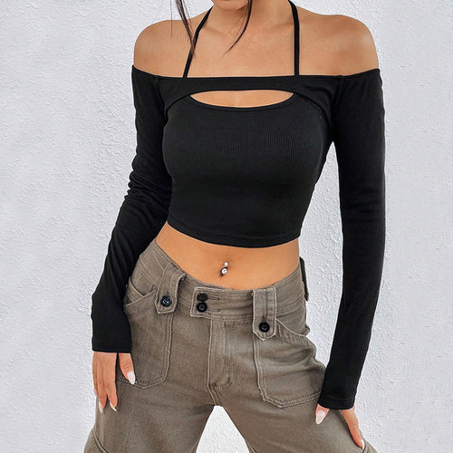 Kvindernes Off-Shoulder Crop Top med Asymmetrisk Udsnit og Lange Ærmer Stilla