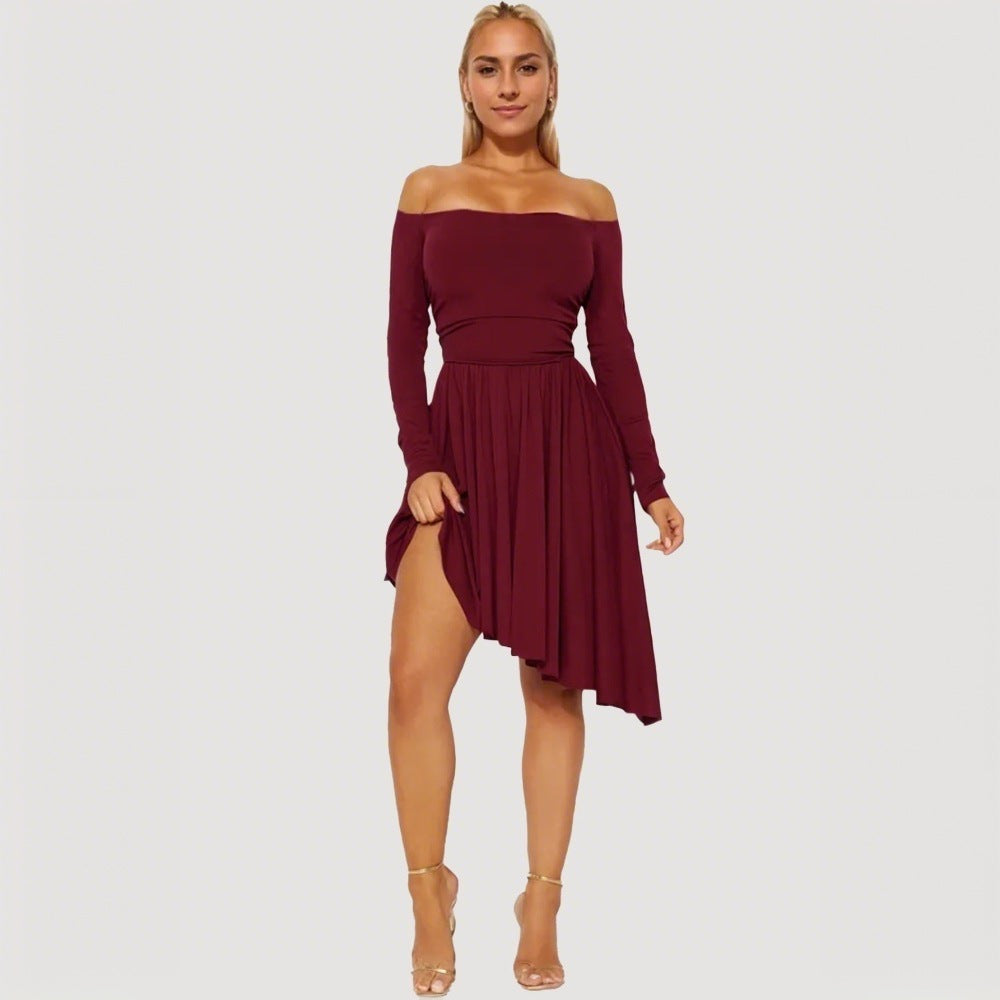 Damer Off-Shoulder Midi Kjole med Asymmetrisk Kant og Lange Ærmer Stilla