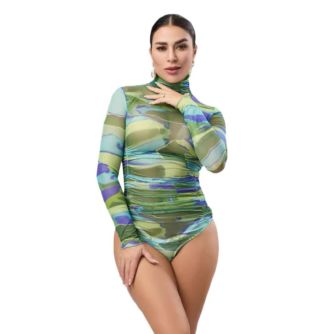 Dame figursyet bodystocking med høj krave og rynker Stilla