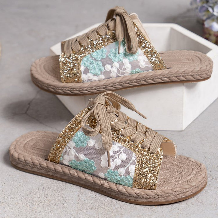 Dame elegante glimmersandaler med floralt design og snørebånd Stilla
