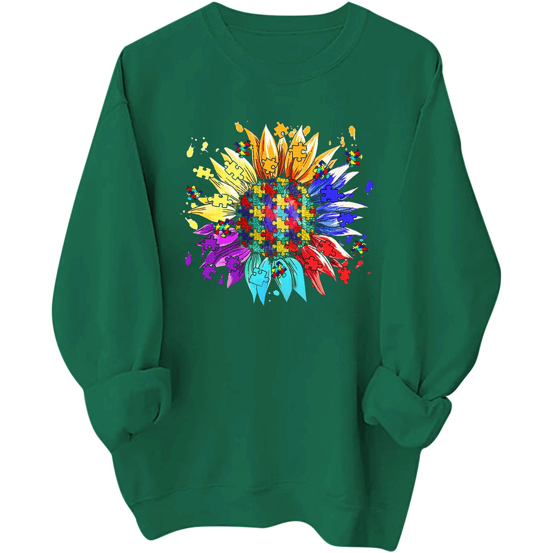 Kvindernes sweatshirt med kreativ puslespilsblomst design og en behagelig pasform Stilla