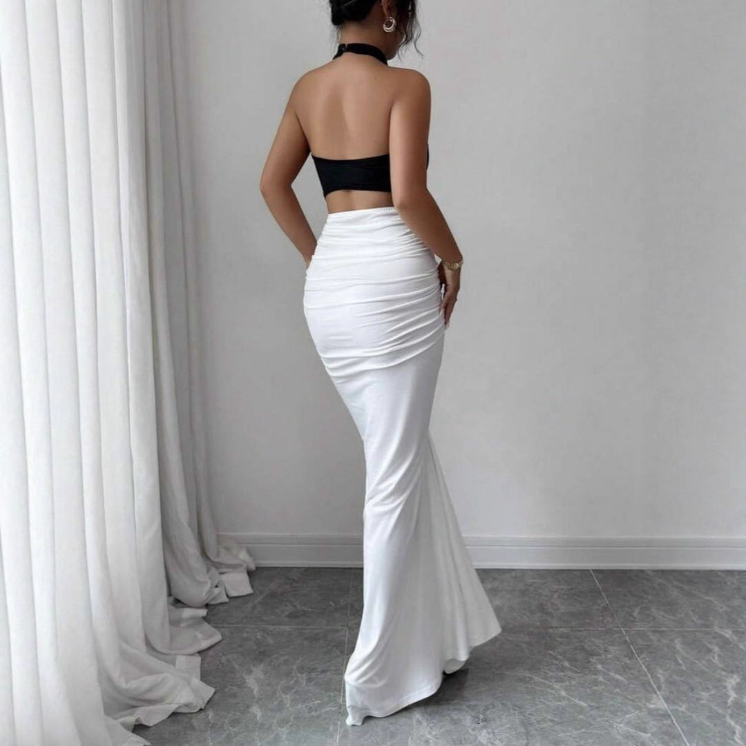 Dame Elegant, figursyet aftenkjole med kunstsilke-drapering Skovae