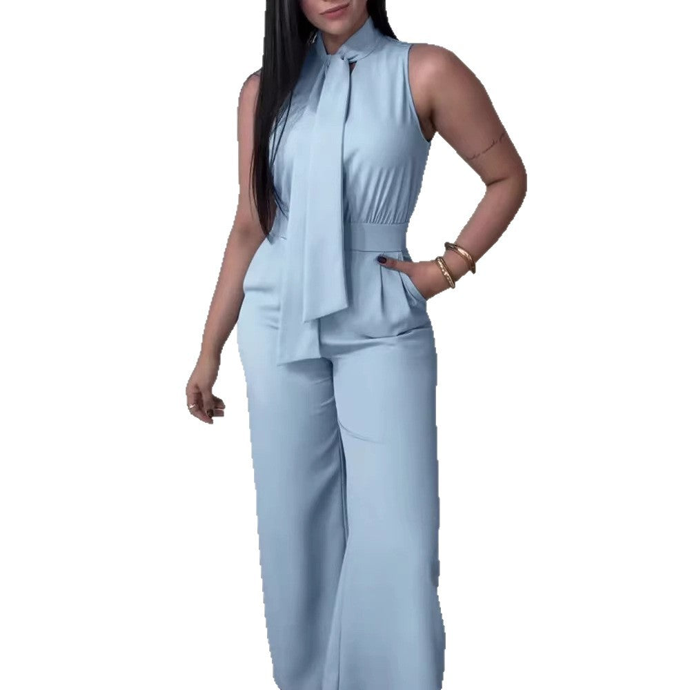 Dame elegant jumpsuit med flydende snit og bindbart krave Skovae